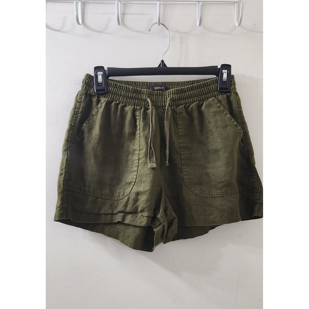 Quince Olive Green 100% European Linen Shorts XS Smocked Elastic Waist Shorts